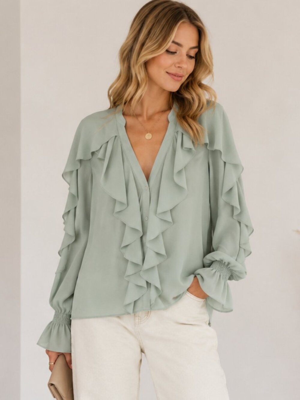Zara Mint Green Ruffle Blouse Romantic Sheer V-neck Long Sleeve Top S